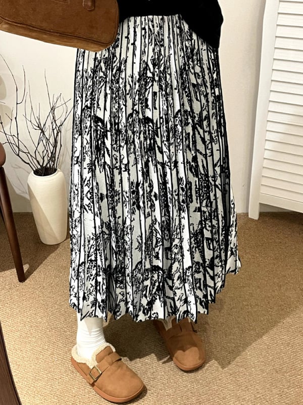 Naili plus veličine kineskog stila plisirana pletena midi suknja - mikroelastična, srednja duljina, zima 2025