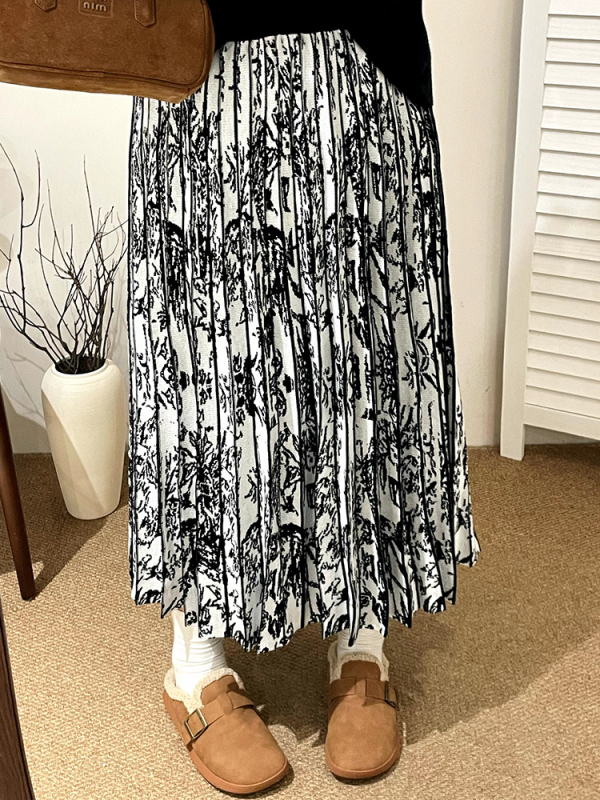 Naili plus veličine kineskog stila plisirana pletena midi suknja - mikroelastična, srednja duljina, zima 2025