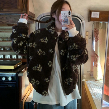 Ženska jakna u korejskom stilu s floralnim jacquard uzorkom, umjetna ovčja vuna, gusta izolacija, zatvarač
