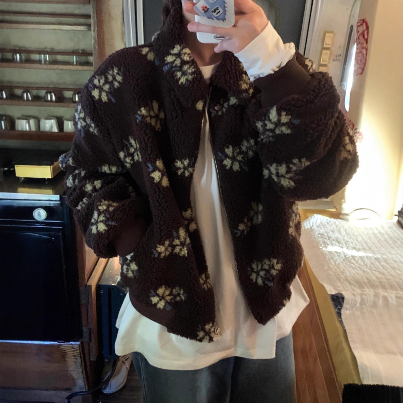 Ženska jakna u korejskom stilu s floralnim jacquard uzorkom, umjetna ovčja vuna, gusta izolacija, zatvarač