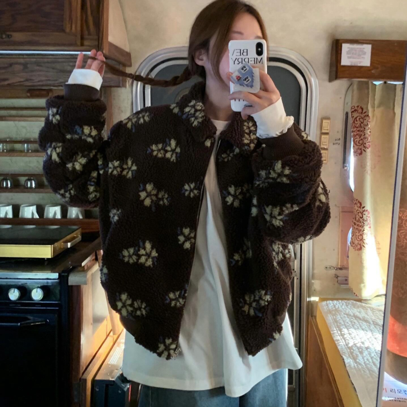 Ženska jakna u korejskom stilu s floralnim jacquard uzorkom, umjetna ovčja vuna, gusta izolacija, zatvarač