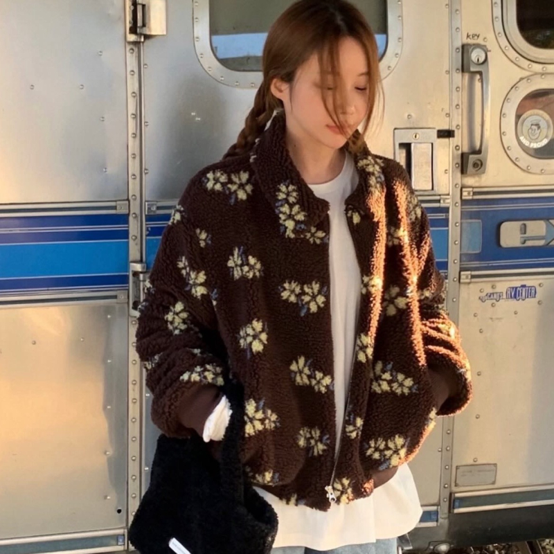 Ženska jakna u korejskom stilu s floralnim jacquard uzorkom, umjetna ovčja vuna, gusta izolacija, zatvarač
