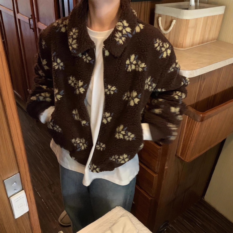 Ženska jakna u korejskom stilu s floralnim jacquard uzorkom, umjetna ovčja vuna, gusta izolacija, zatvarač