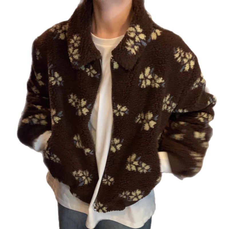 Ženska jakna u korejskom stilu s floralnim jacquard uzorkom, umjetna ovčja vuna, gusta izolacija, zatvarač
