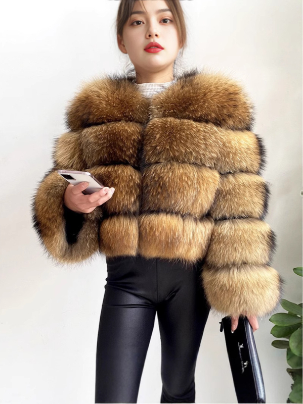 Ženska jakna od umjetnog krzna – okrugli ovratnik, 3/4 rukava, rock stil, proljeće 2025