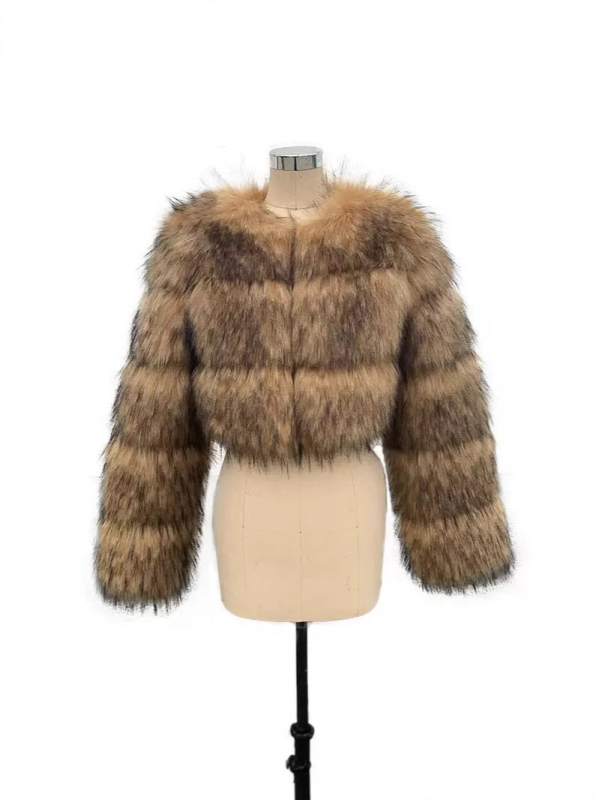 Ženska jakna od umjetnog krzna – okrugli ovratnik, 3/4 rukava, rock stil, proljeće 2025