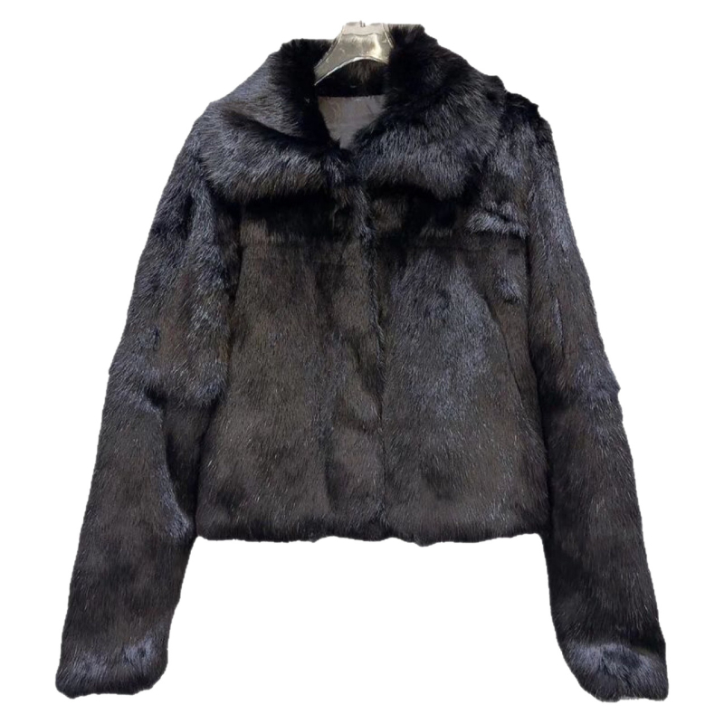 Ženski kaput od krznenog kunićjeg krzna, kratka duljina, dugi rukavi, duljina 40–50 cm, proljeće 2025