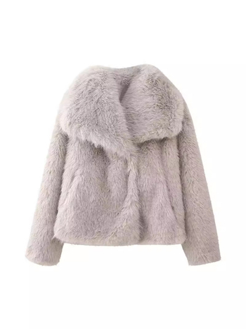 Plus izmēra sievietes mākslīgā kažokāda īss mētelis ar lāpeles kaklu, garas piedurknes, Spandex audums