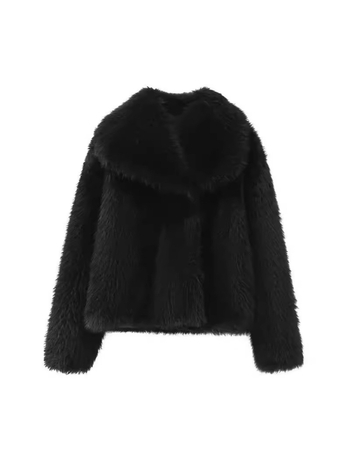 Plus izmēra sievietes mākslīgā kažokāda īss mētelis ar lāpeles kaklu, garas piedurknes, Spandex audums