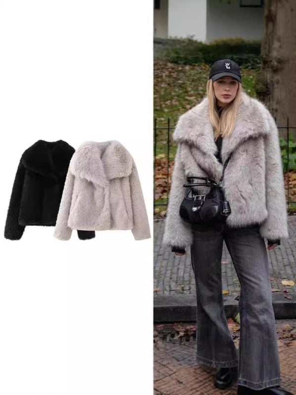 Plus izmēra sievietes mākslīgā kažokāda īss mētelis ar lāpeles kaklu, garas piedurknes, Spandex audums