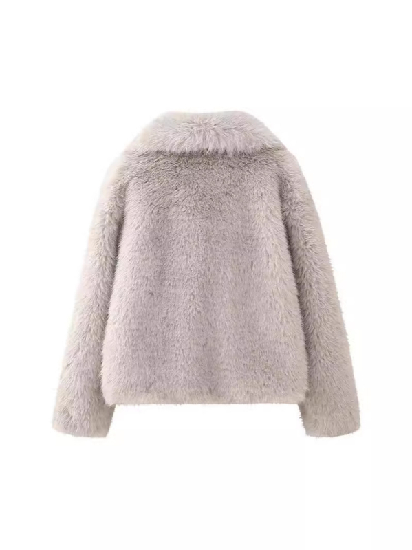 Plus izmēra sievietes mākslīgā kažokāda īss mētelis ar lāpeles kaklu, garas piedurknes, Spandex audums