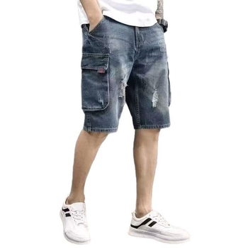 Slobodni džins šorc s više džepova, istrošeni dizajn, 65% pamuk, mikroelastičnost