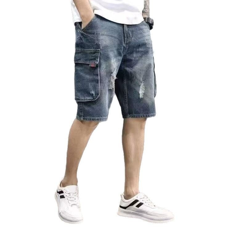 Slobodni džins šorc s više džepova, istrošeni dizajn, 65% pamuk, mikroelastičnost