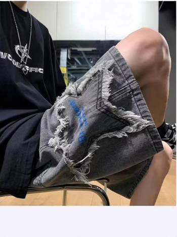 Muške traper kratke hlače s zvjezdanim vezom, Capri duljina, 85% pamuka, ravni kroj, gradski stil