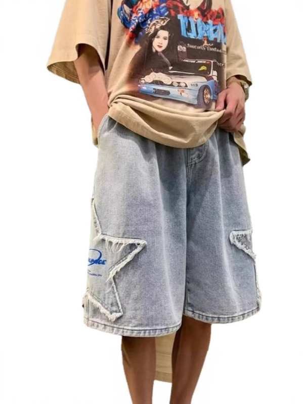 Muške traper kratke hlače s zvjezdanim vezom, Capri duljina, 85% pamuka, ravni kroj, gradski stil