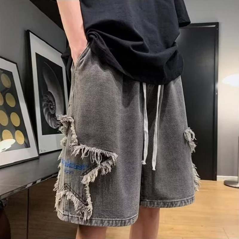 Muške traper kratke hlače s zvjezdanim vezom, Capri duljina, 85% pamuka, ravni kroj, gradski stil