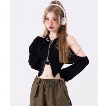 Top bez ramena za žene, sun-protektivni kratki gornji dio, neobičnog kroja s kolaž detaljima, smjesa poliestera i pamuka, dugi rukav, V-izrez, gradski street-hipster stil