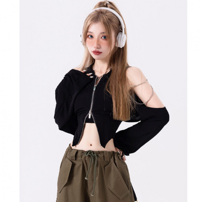 Top bez ramena za žene, sun-protektivni kratki gornji dio, neobičnog kroja s kolaž detaljima, smjesa poliestera i pamuka, dugi rukav, V-izrez, gradski street-hipster stil