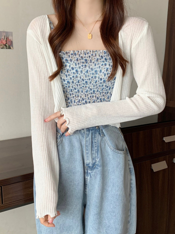 Ženski kratki kardigan od poliestera, s dugim rukavima, ultra-tanki, jednofarbni uzorak