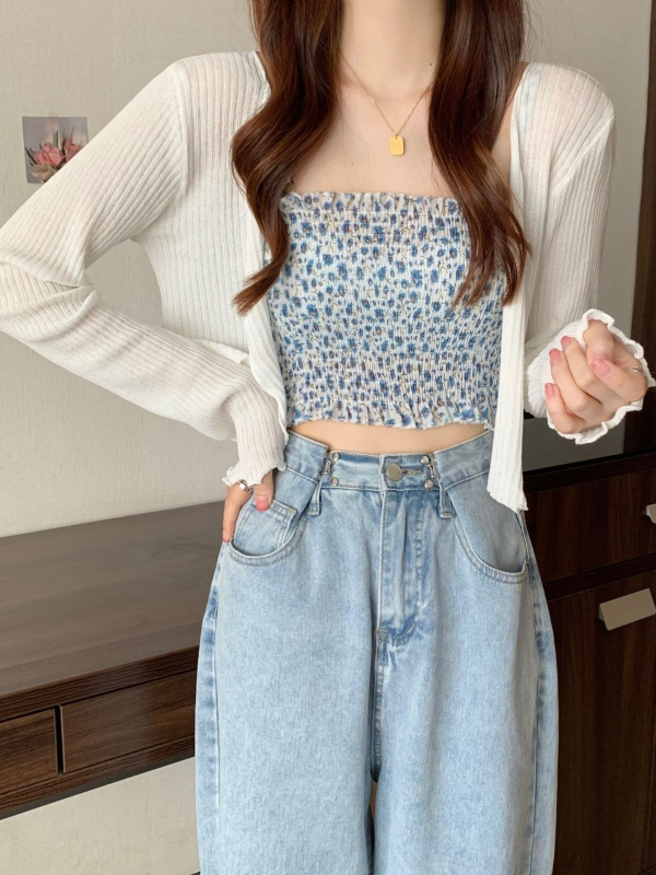 Ženski kratki kardigan od poliestera, s dugim rukavima, ultra-tanki, jednofarbni uzorak