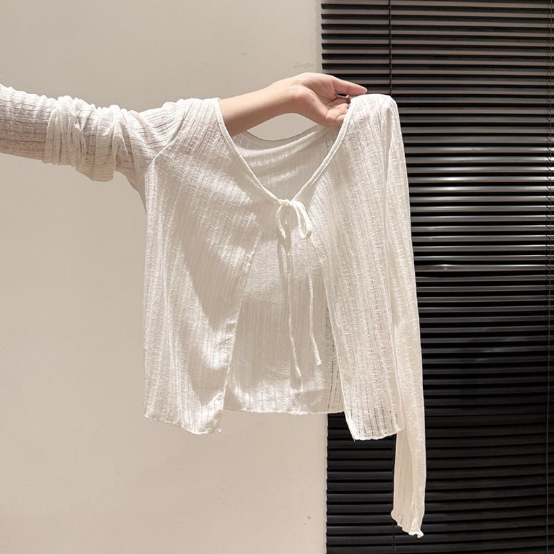 Kardigan s vezicama za vezivanje, UPF40+ zaštita od sunca, pamuk, dugi rukav, ležerni kroj, moto stil