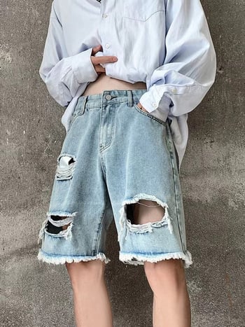 Muške traper kratke hlače s izrezima, ljetne, ravni kroj, američki street stil, retro