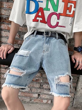 Muške traper kratke hlače s izrezima, ljetne, ravni kroj, američki street stil, retro