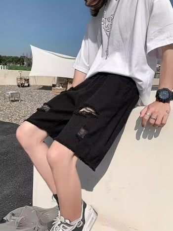 Muške traper kratke hlače s izrezima, ljetne, ravni kroj, američki street stil, retro