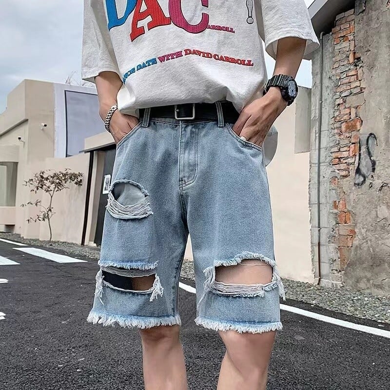 Muške traper kratke hlače s izrezima, ljetne, ravni kroj, američki street stil, retro