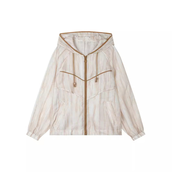 Ženska lagana kapuljačasta jakna s gradientnim uzorkom, srednja duljina, dugi rukav, zatvarač, ultra-tanka tkanina, opuštena silueta, sadržaj glavnog materijala 70-80%