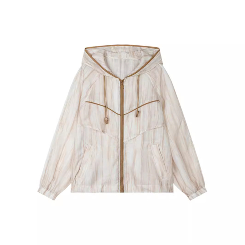 Ženska lagana kapuljačasta jakna s gradientnim uzorkom, srednja duljina, dugi rukav, zatvarač, ultra-tanka tkanina, opuštena silueta, sadržaj glavnog materijala 70-80%