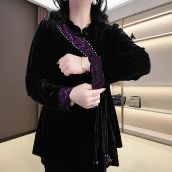 Marškiniai su aukšta apykakle, rankų siuvinėjimas, kinų stiliaus mazgų užsegimas, šifono audinys, ruduo 2024, pagrindinis audinys 90-95% poliesterio, antrasis 70-80% poliesterio, biuras elegantiškas stilius