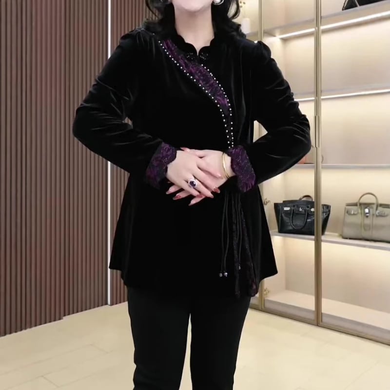 Marškiniai su aukšta apykakle, rankų siuvinėjimas, kinų stiliaus mazgų užsegimas, šifono audinys, ruduo 2024, pagrindinis audinys 90-95% poliesterio, antrasis 70-80% poliesterio, biuras elegantiškas stilius