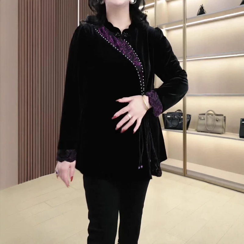 Marškiniai su aukšta apykakle, rankų siuvinėjimas, kinų stiliaus mazgų užsegimas, šifono audinys, ruduo 2024, pagrindinis audinys 90-95% poliesterio, antrasis 70-80% poliesterio, biuras elegantiškas stilius