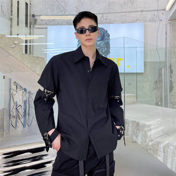 Cămașă bărbătească cu mânecă lungă, în stil motociclet, cu bretea metalică, croială Slim, țesătură din cânepă