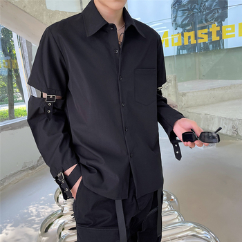 Cămașă bărbătească cu mânecă lungă, în stil motociclet, cu bretea metalică, croială Slim, țesătură din cânepă