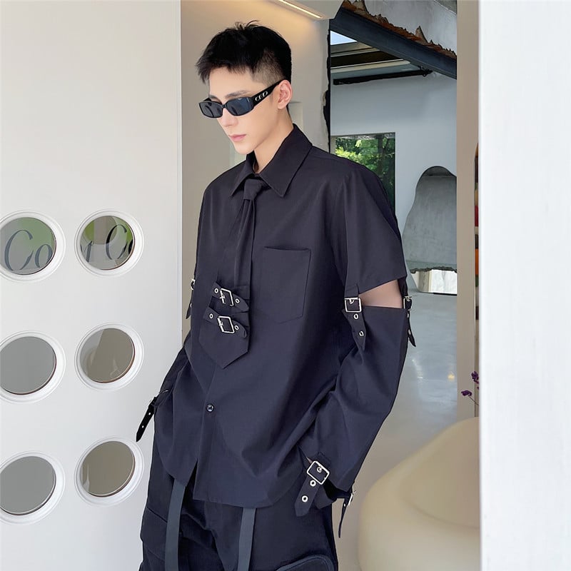 Cămașă bărbătească cu mânecă lungă, în stil motociclet, cu bretea metalică, croială Slim, țesătură din cânepă