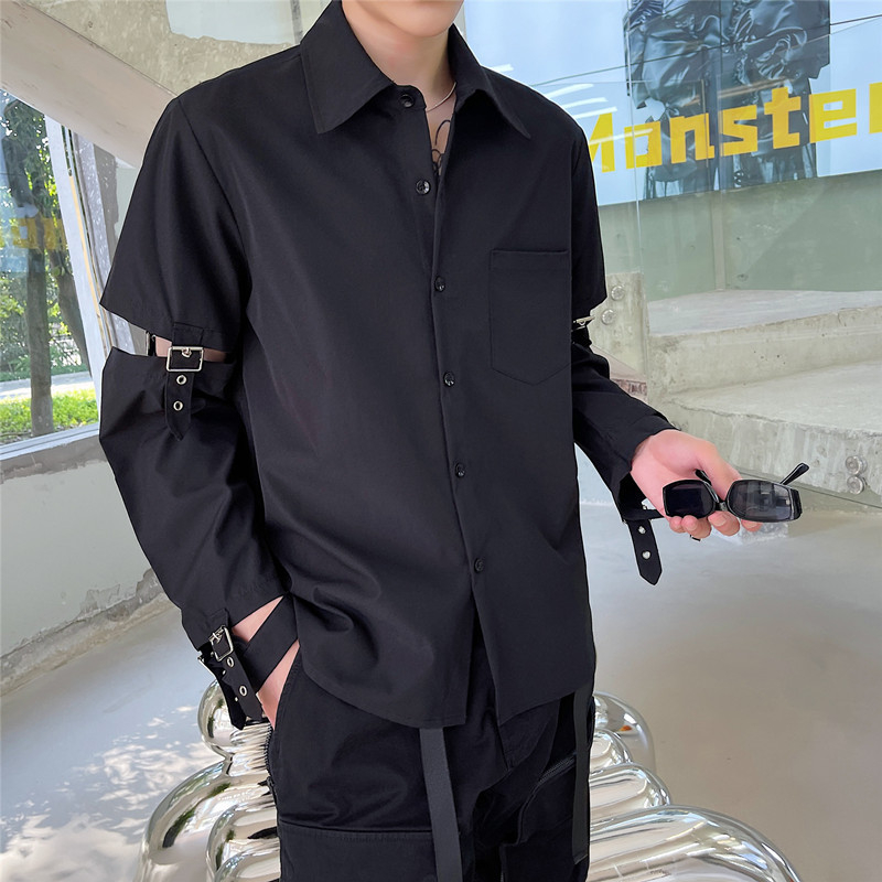 Cămașă bărbătească cu mânecă lungă, în stil motociclet, cu bretea metalică, croială Slim, țesătură din cânepă