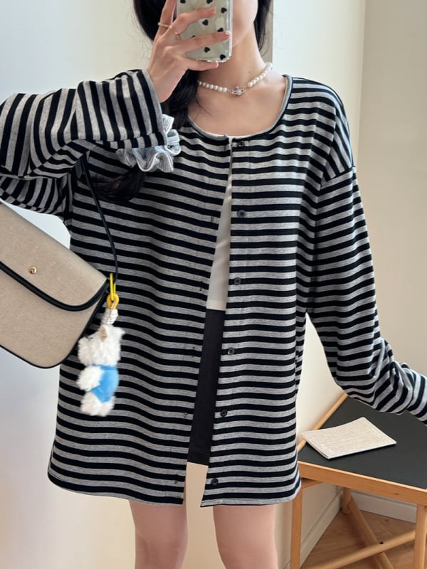 Cardigan în dungi cu mâneci lungi, protecție solară, amestec bumbac-elastan, croială lejeră, lungime medie 65–80 cm