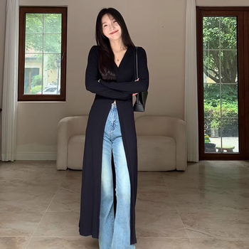 Harajuku Wind kardigan, slobodan kroj, ljetni top s dugim rukavima, V-izrez, Vinylon-poliester tkanina