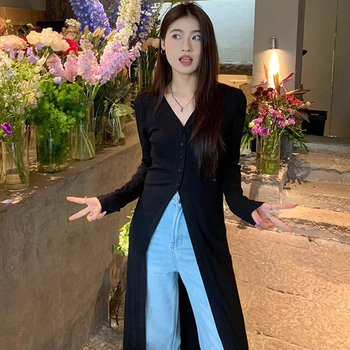 Harajuku Wind kardigan, slobodan kroj, ljetni top s dugim rukavima, V-izrez, Vinylon-poliester tkanina