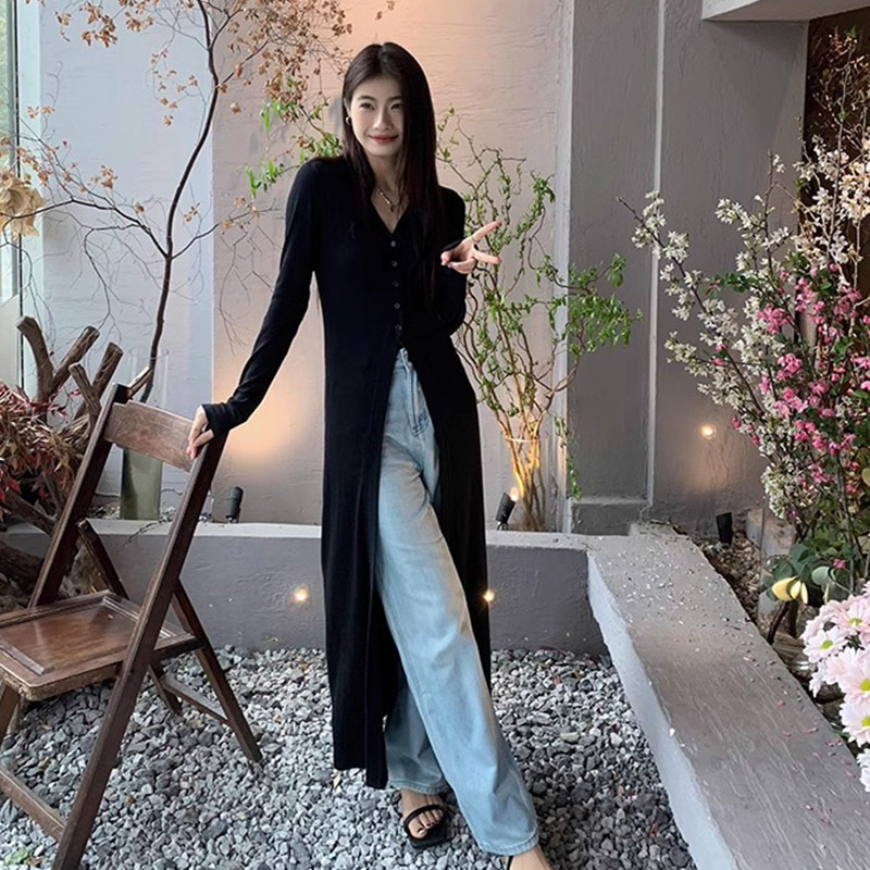 Harajuku Wind kardigan, slobodan kroj, ljetni top s dugim rukavima, V-izrez, Vinylon-poliester tkanina