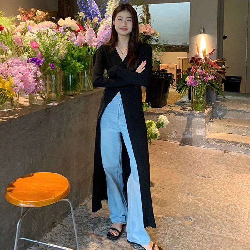 Harajuku Wind kardigan, slobodan kroj, ljetni top s dugim rukavima, V-izrez, Vinylon-poliester tkanina