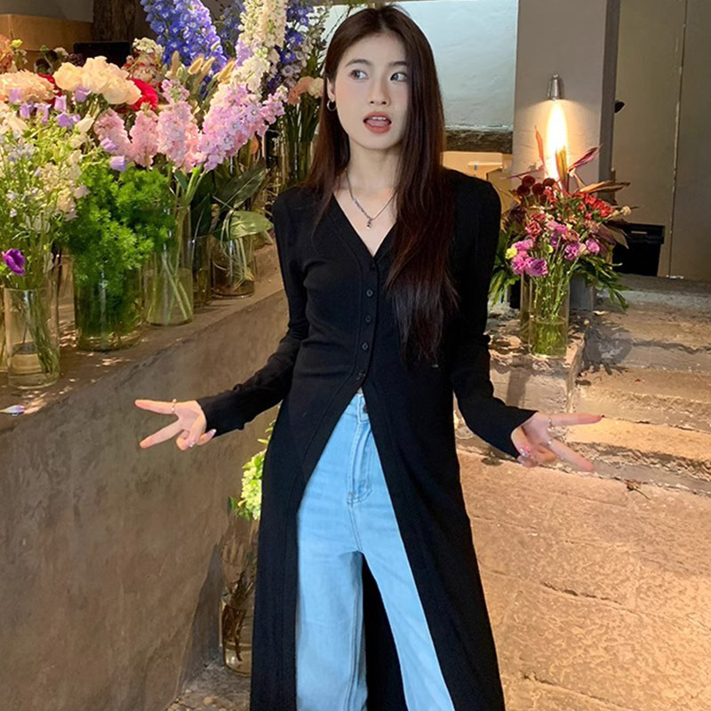 Harajuku Wind kardigan, slobodan kroj, ljetni top s dugim rukavima, V-izrez, Vinylon-poliester tkanina