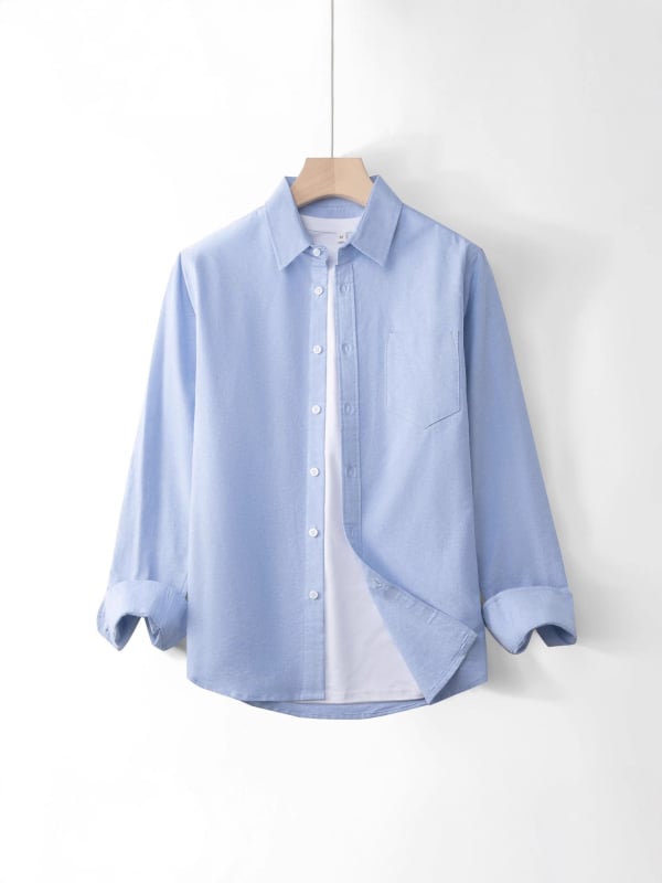 Cămașă în stil cardigan, mâneci lungi, guler, buzunar, bumbac 96%+