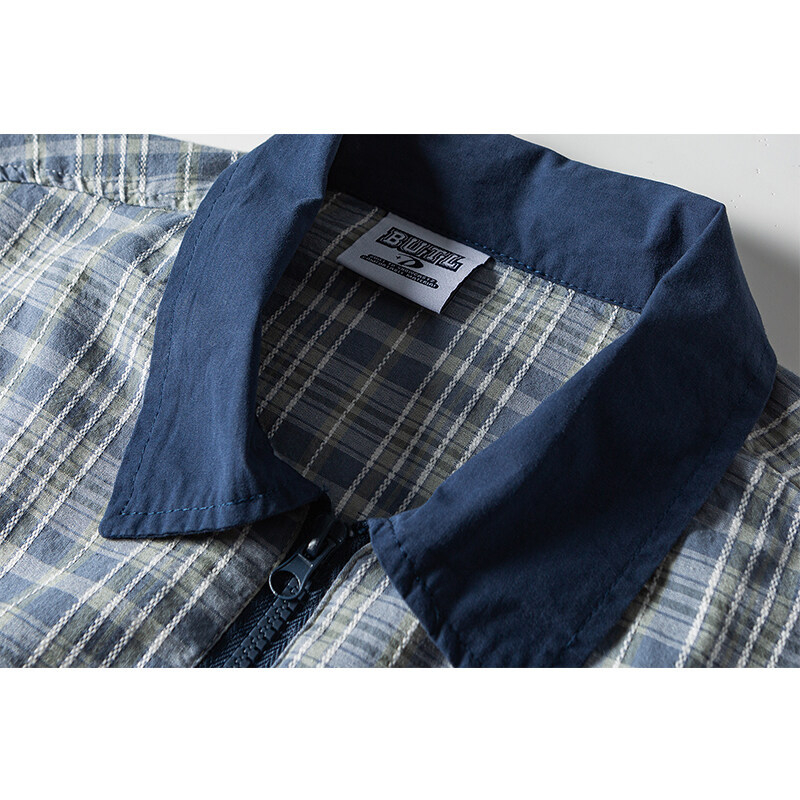 Cămașă pentru bărbați în stil retro japonez, model în carouri, gulă cu rever, croială lejeră