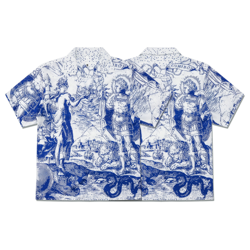 Cămașă cu imprimeu Zeul Soarelui — stil retro, mânecă scurtă, guler rever, croială lejeră