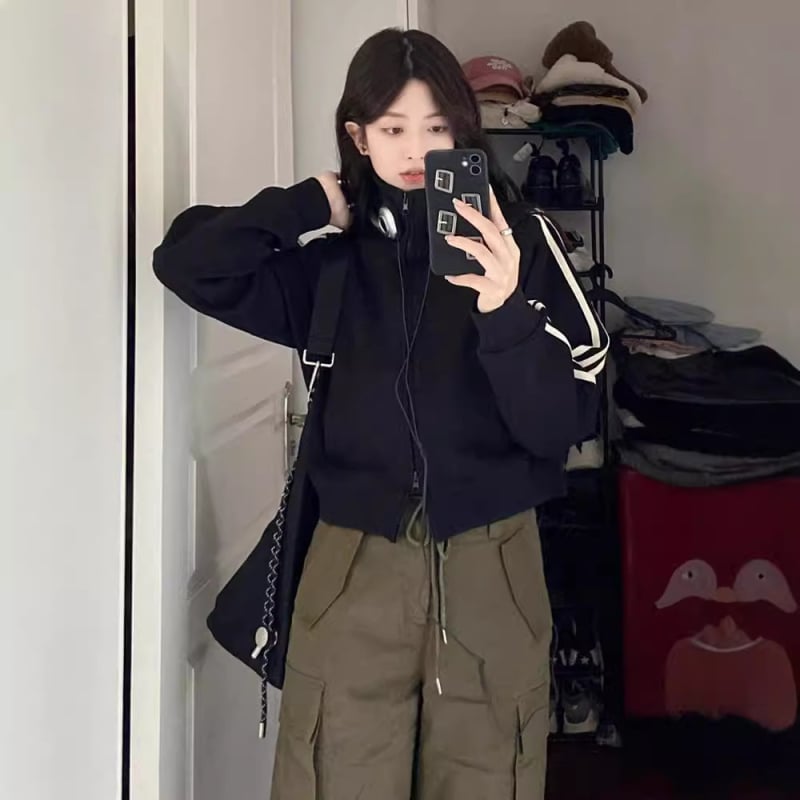 Ženska jakna od poliestera s prugama, stojeći ovratnik, zatvarač, kratka duljina, dugi rukavi, jesenski streetwear 2024