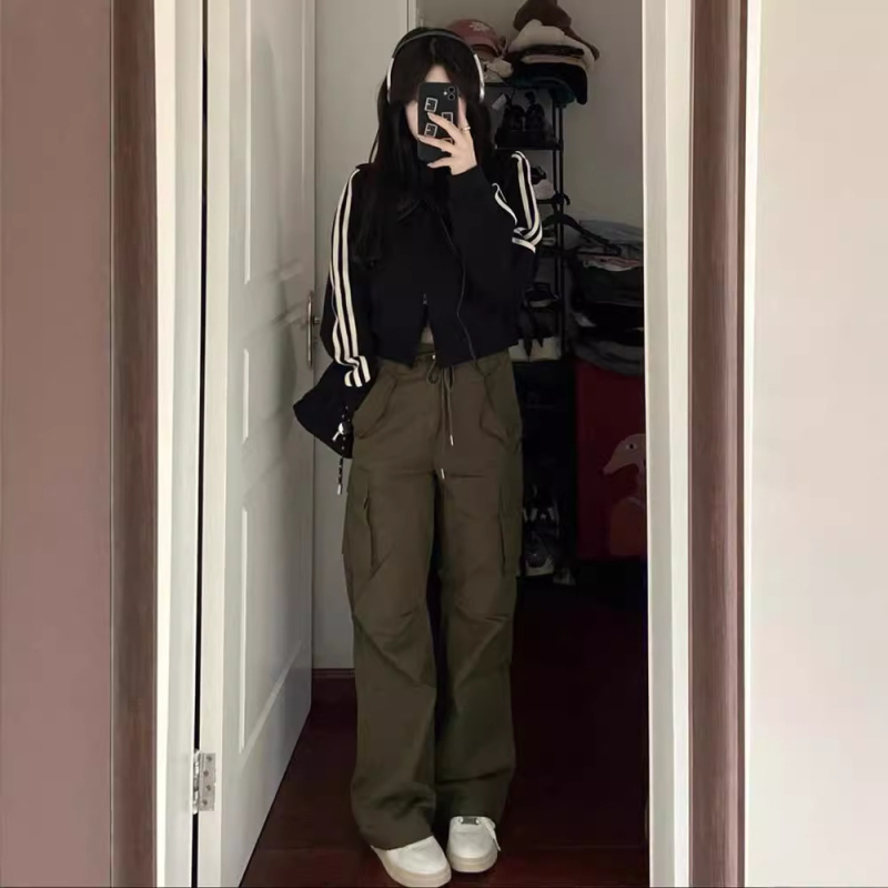 Ženska jakna od poliestera s prugama, stojeći ovratnik, zatvarač, kratka duljina, dugi rukavi, jesenski streetwear 2024