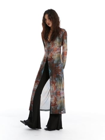 Palton lung din plasă cu imprimeu pictură în ulei, guler rotund, nasturi într-un rând, protecție solară